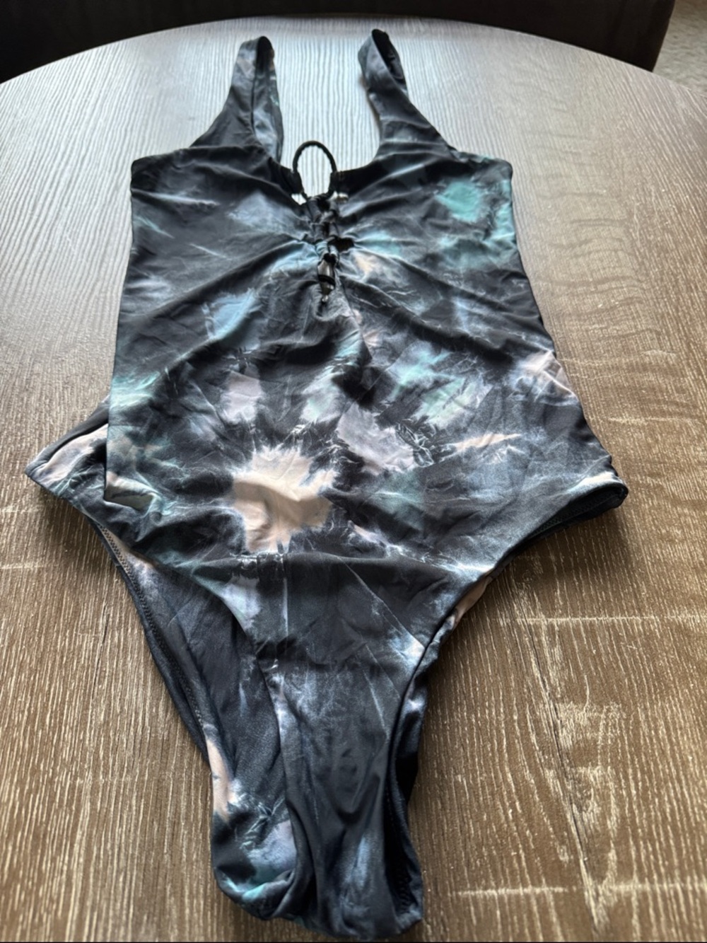Kids Black Tie-Dye One-Piece Swimsuit with Front Lace-Up